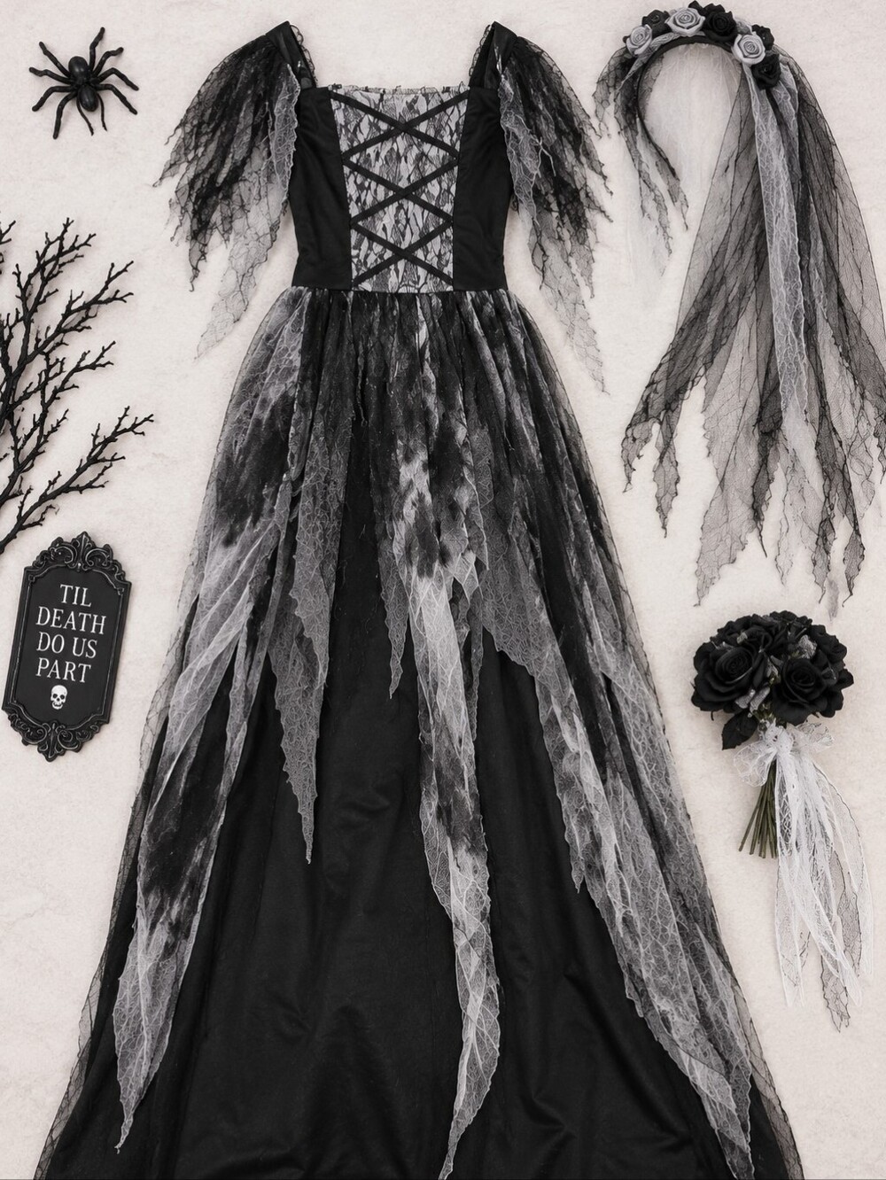 Fun World Girls Cemetery Bride Gothic Zombie Costume Halloween Dress Set -R
